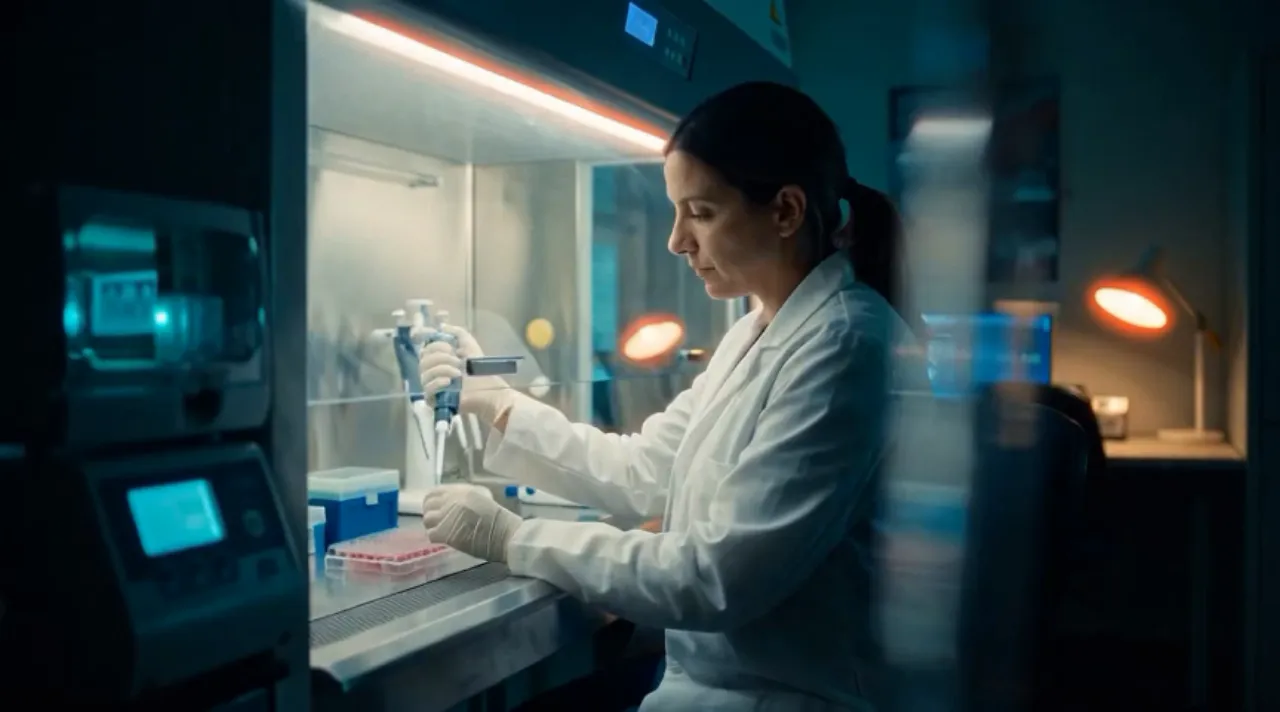 A scientist working at a lab bench, in the DigiVidBio photo style