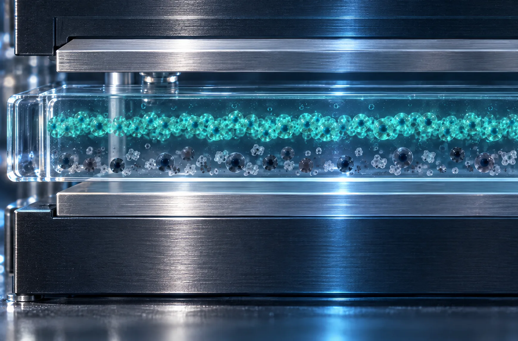 Visualisation of the clear cartridge channel clamped between the instrument's upper and lower magnets, a teal band of live cells above scattered grey dead cells