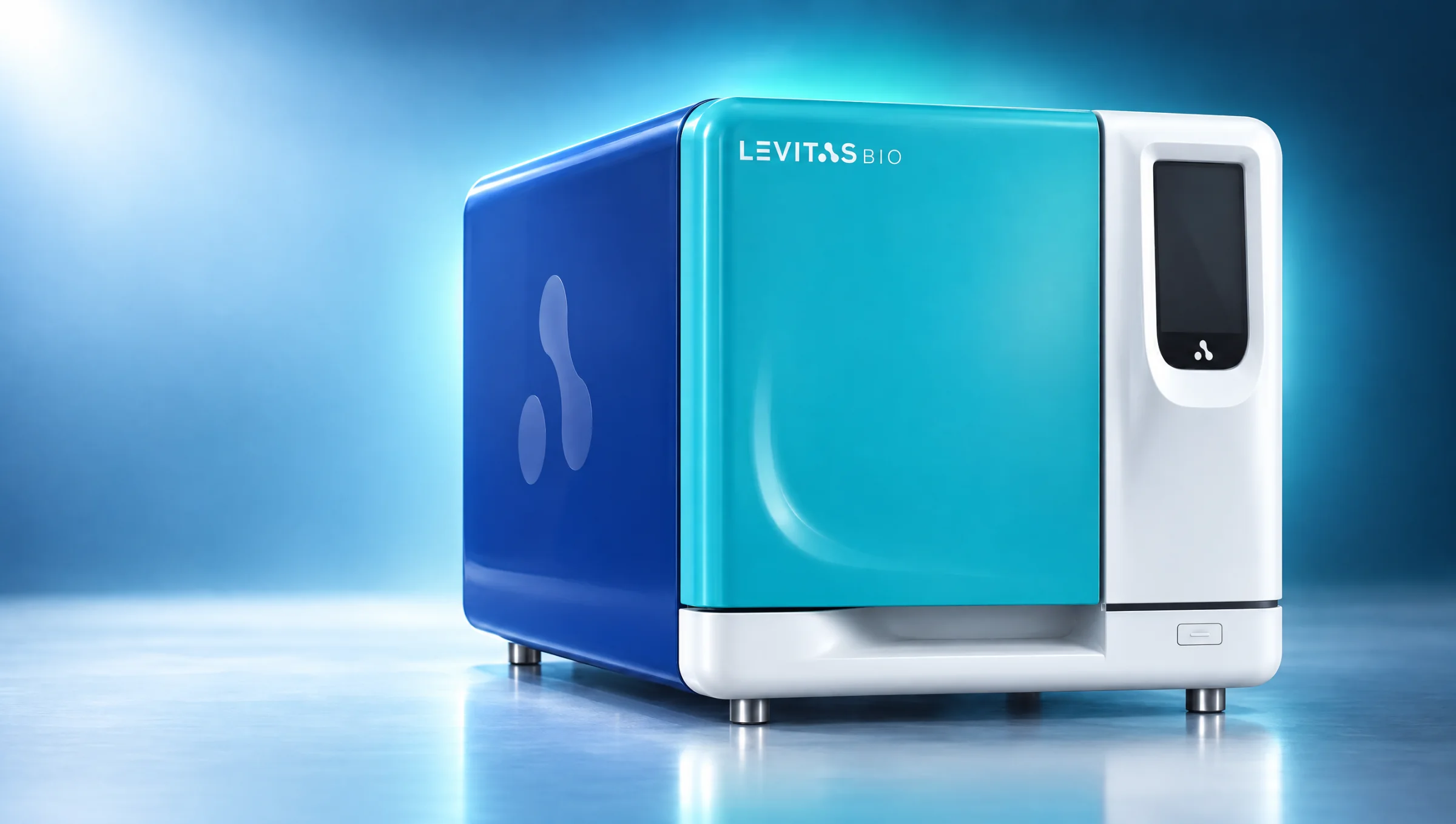 The LeviCell EOS instrument, teal door and royal blue body with the embossed LevitasBio mark, in soft studio light