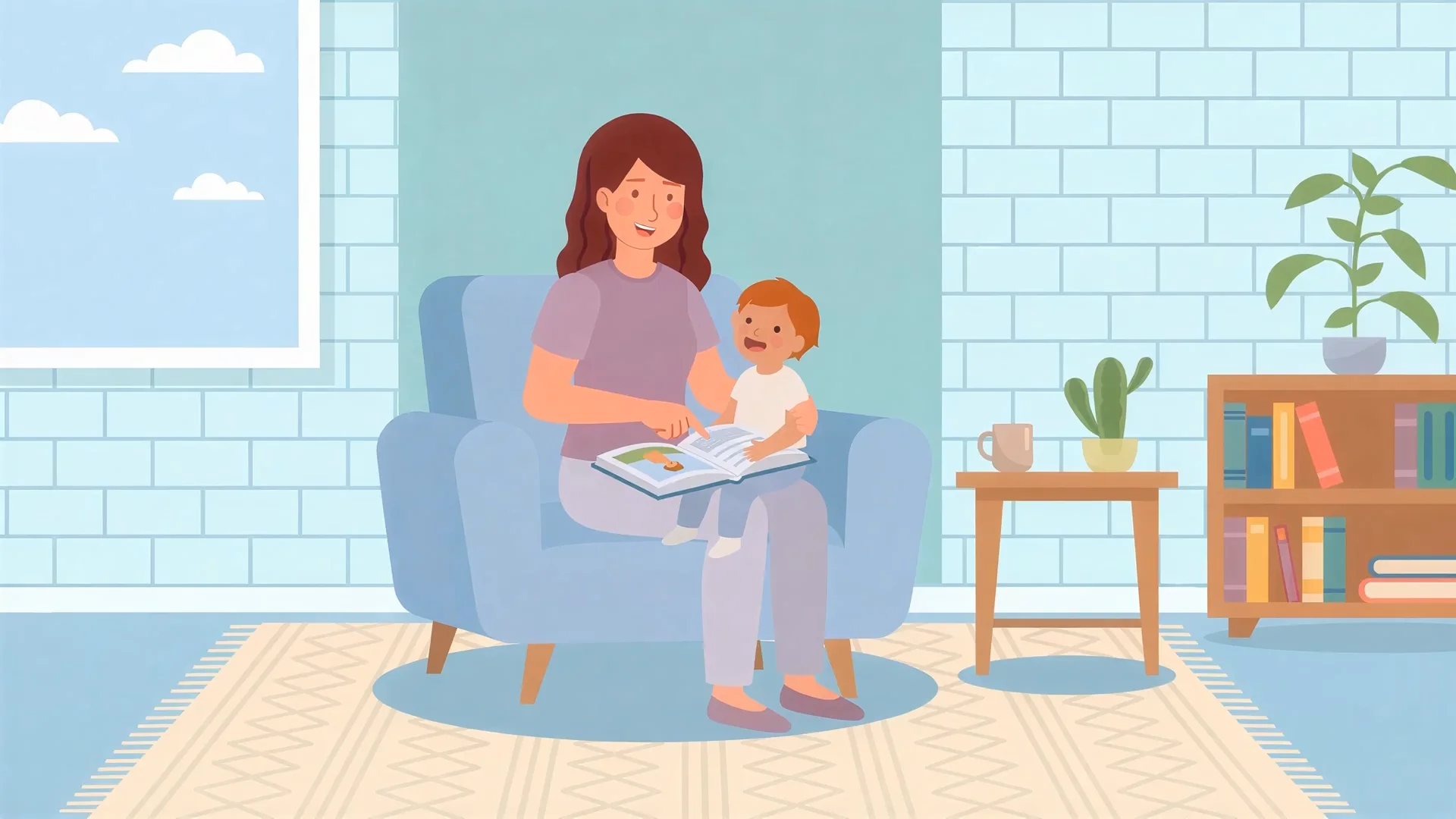 An illustrated mother reading a picture book with her toddler